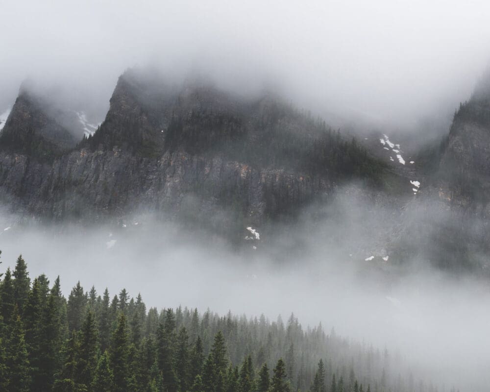 A misty view of Lake Louise in Alberta