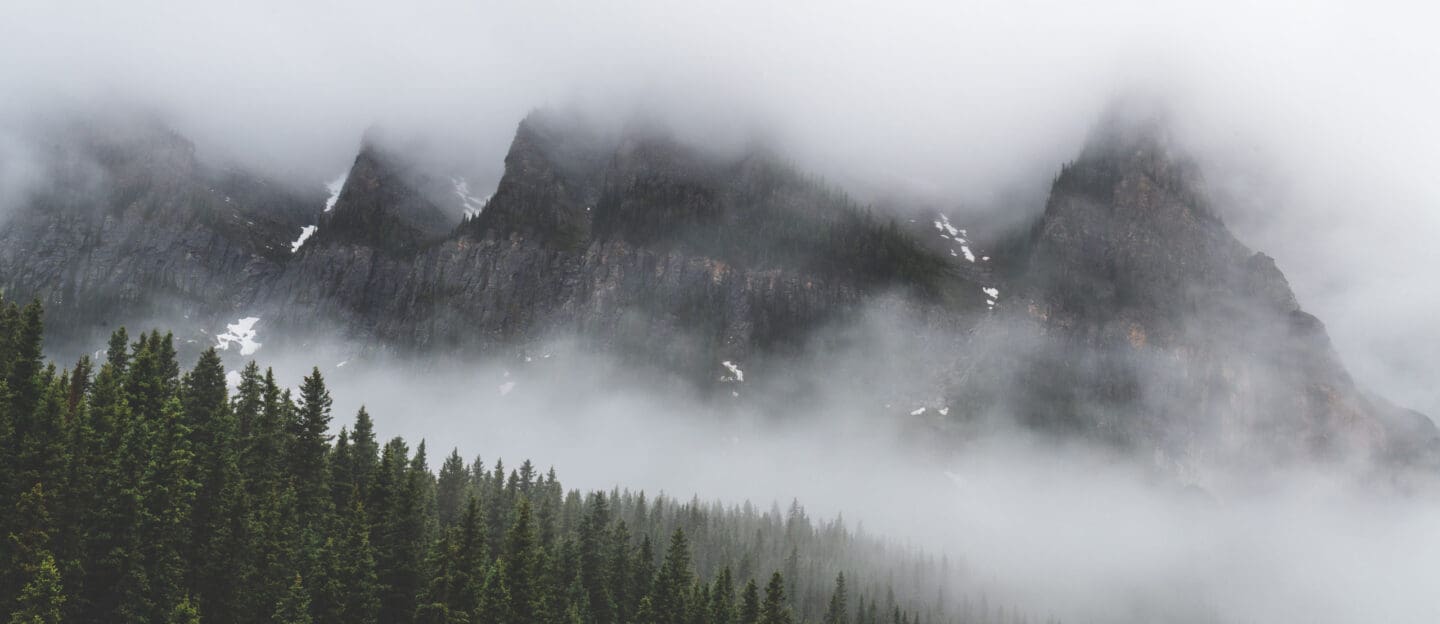 A misty view of Lake Louise in Alberta