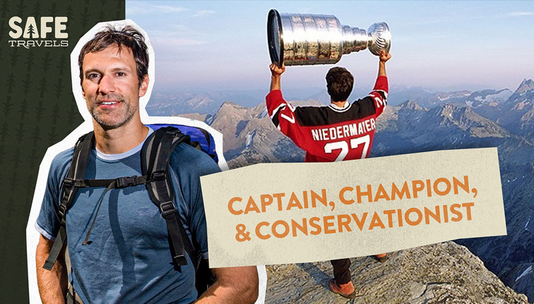 Collage of Scott Niedermayer with a backpack as well as standing on a mountain with the Stanley Cup
